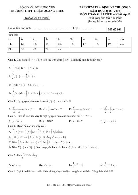 Đề kiểm tra Giải tích 12 chương 3 năm 2018 – 2019 trường Triệu Quang Phục – Hưng Yên (bản Word)